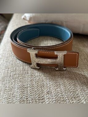 Hermes Reversible Belt H Buckle Logo 32mm Size 80 Blue and Brown